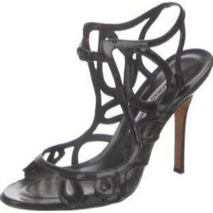 Manolo Blahnik Black Patent Leather Strappy‎ Sandals Size 7.5/8 Handmade Italy